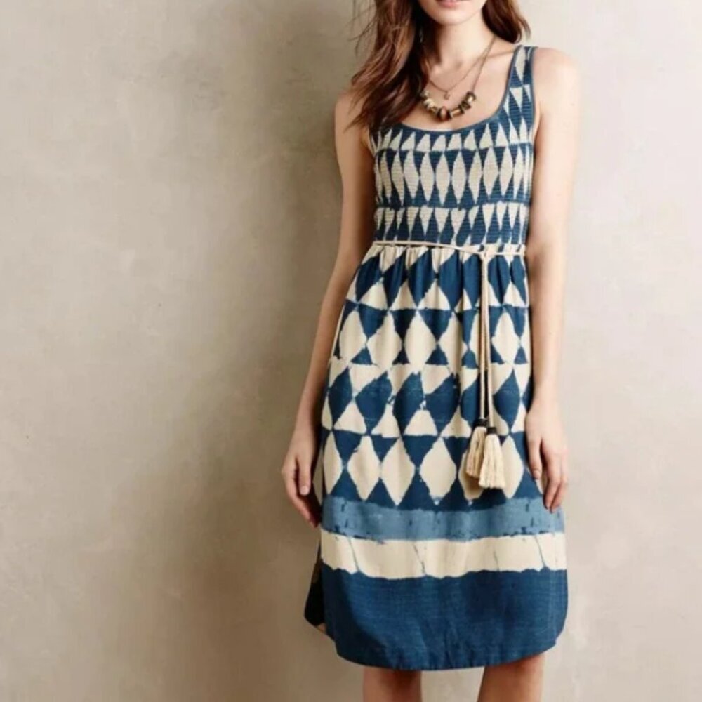 Maeve Blue and Cream Geometric Midi Dress